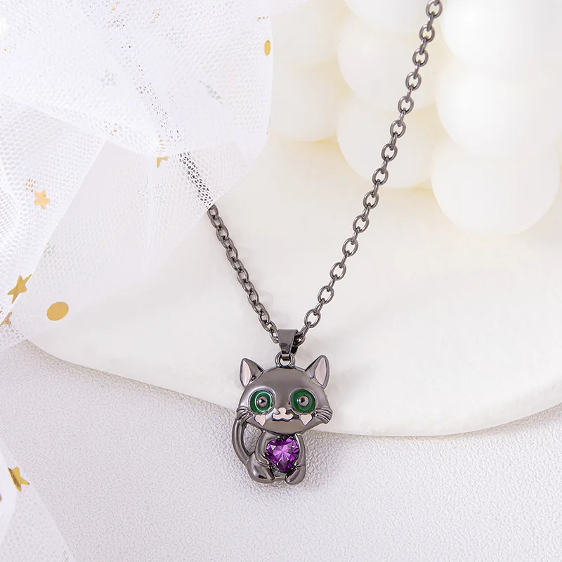 Cartoon Purple Heart Crystal Black Cat Pendant Necklace For Women Men Boys Girls Jewelry Accessories