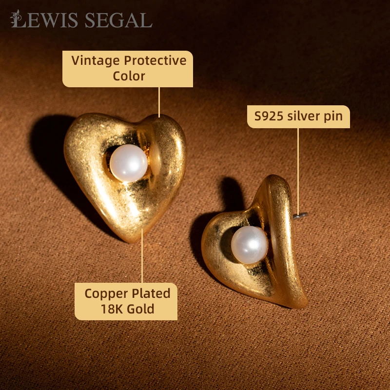 Lewis Segal Vintage 3d Hartvormige Parel Embedded Oorbellen Stud Middeleeuwse Stijl Sieraden Voor Vrouwen 18K Verguld