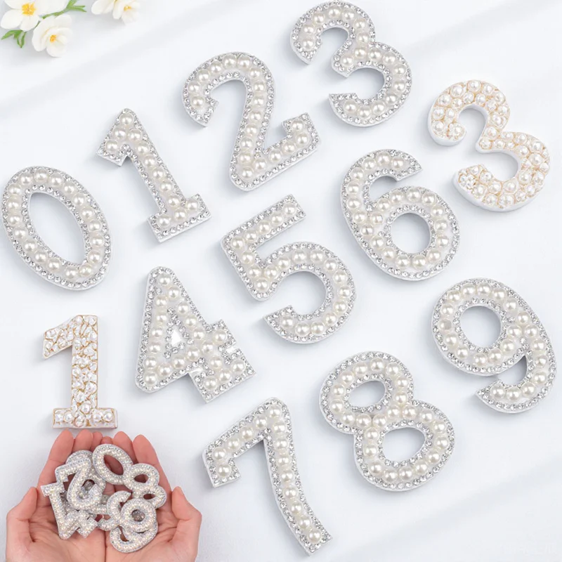

1Set DIY Number Rhinestone Iron on Patches Pearl Clothes Patches for Fashion Decoration Clothes Repair Supplies