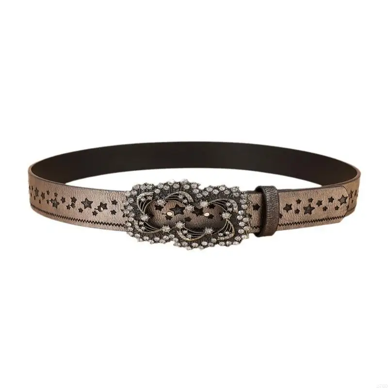Trendy Five Point Star Carved Belt With Rhinestones Retros Styles Waistband