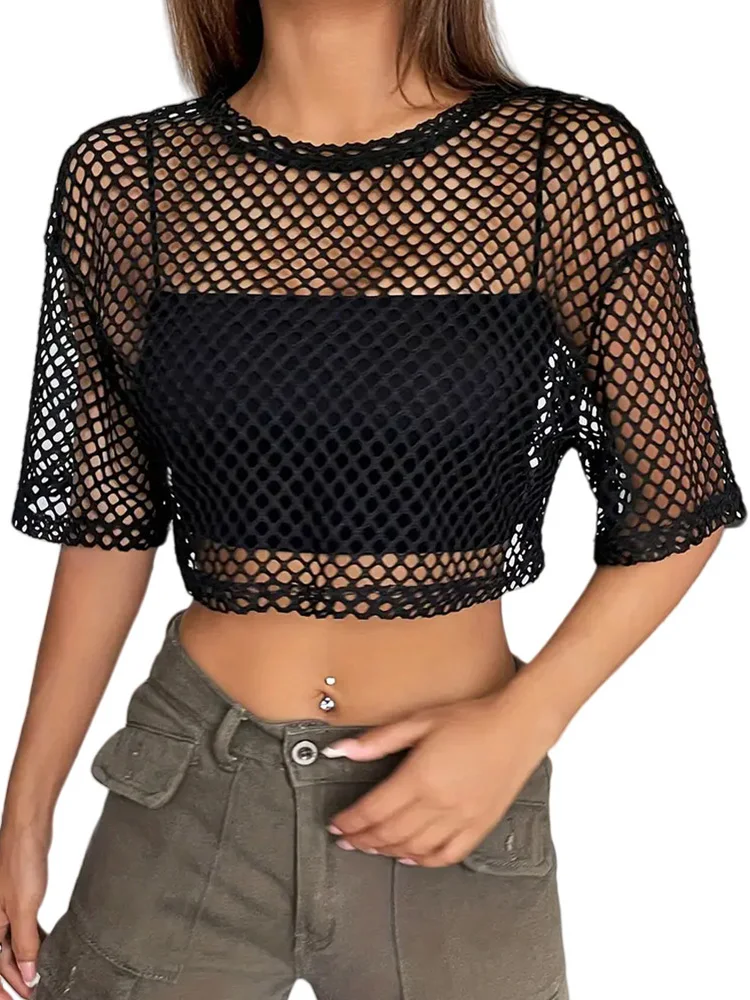 Sexy Sheer See Through Fishnet Mesh Women Crop Top 2026 Summer Fashion O-Neck Short Sleeve Hollow Out T-Shirts Female Tees