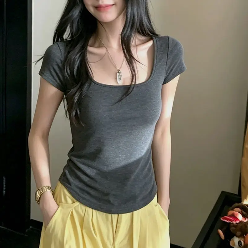 Slim Fit Short Sleeve U-Neck T-Shirt Women's 2026 New Style with Chest Pad Hidden Luxury High-End Feeling Short Top