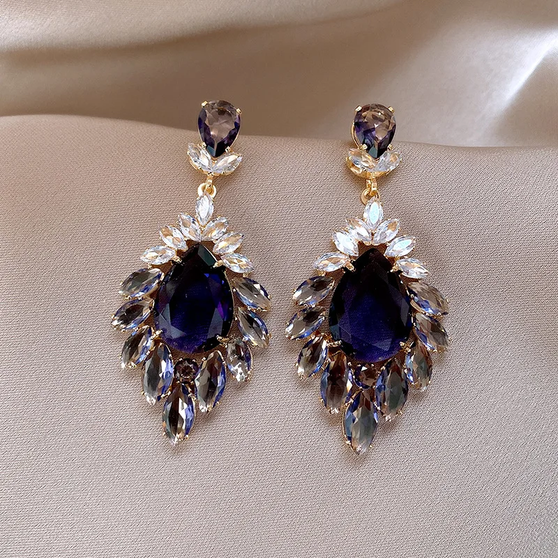 Women's Vintage Blue Water Drop Crystal Clip Earrings