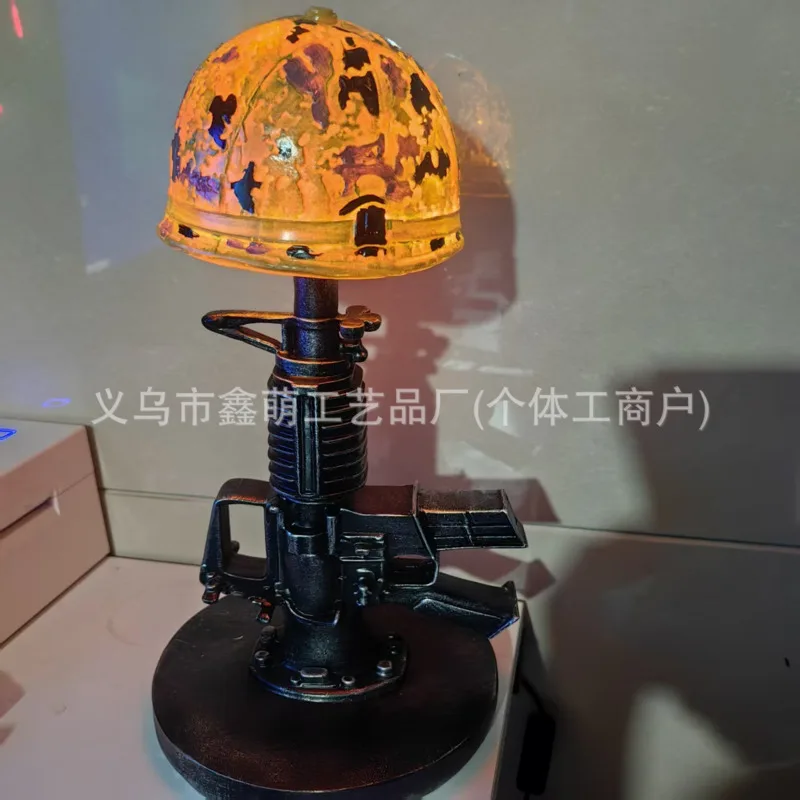 Tactical Rifle Helmet Table Lamp, Military Gun War Theme Desk, Light Vintage Industrial Bedroom Study, Office Man Cave Decor Gif