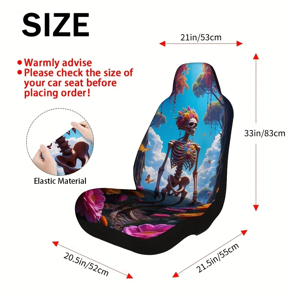 2pcs, Floral Skeleton Fantasy Design Car Seat Covers, Comfortable And Foldable, Universal Fit For Most Vehicles, Great For Styli