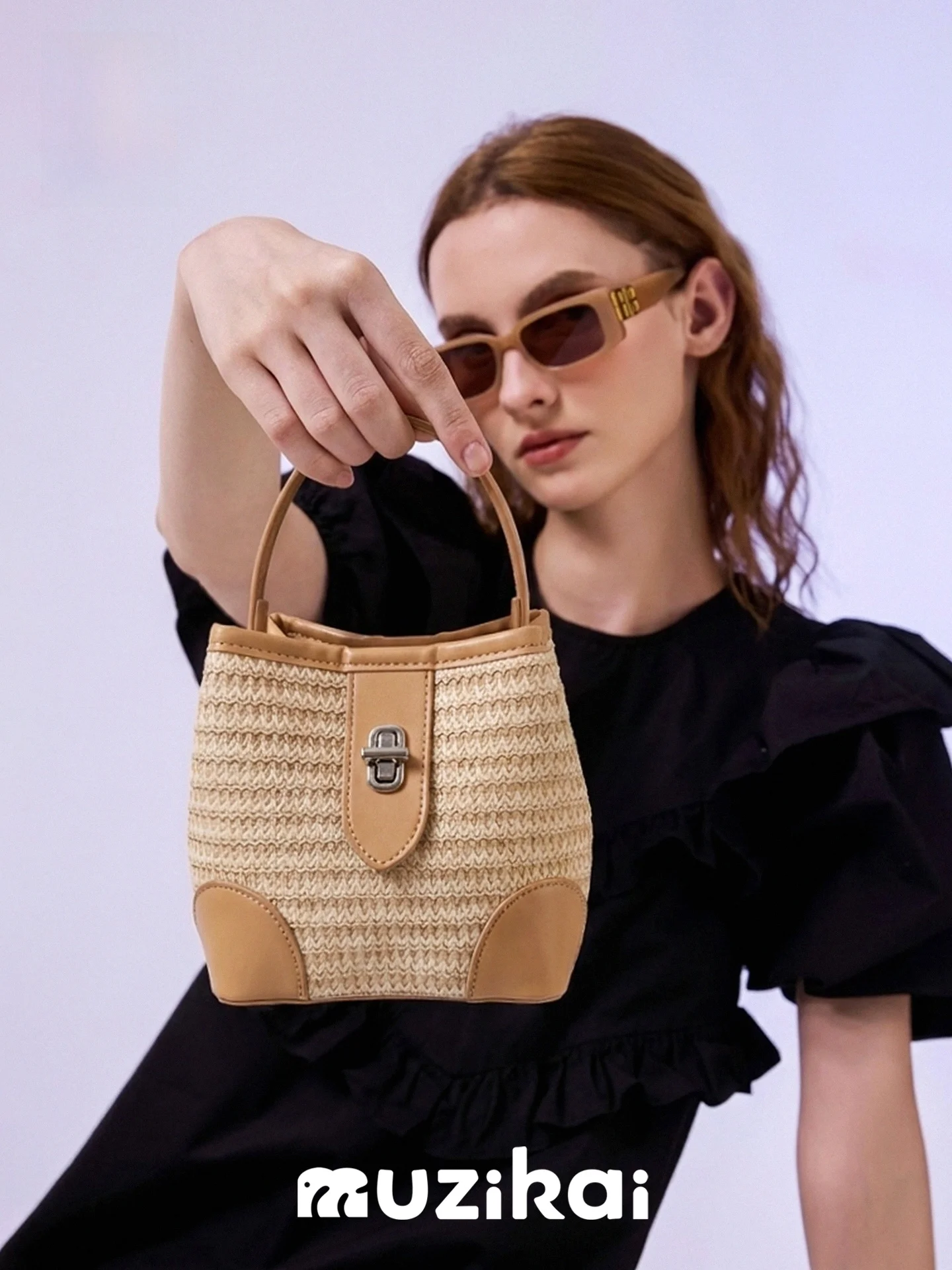 Fashionable Bucket Handbag Women's Crossbody Bag MuziKai New 2026 Splicing Design Handheld Bag Soft Handle Polyester 