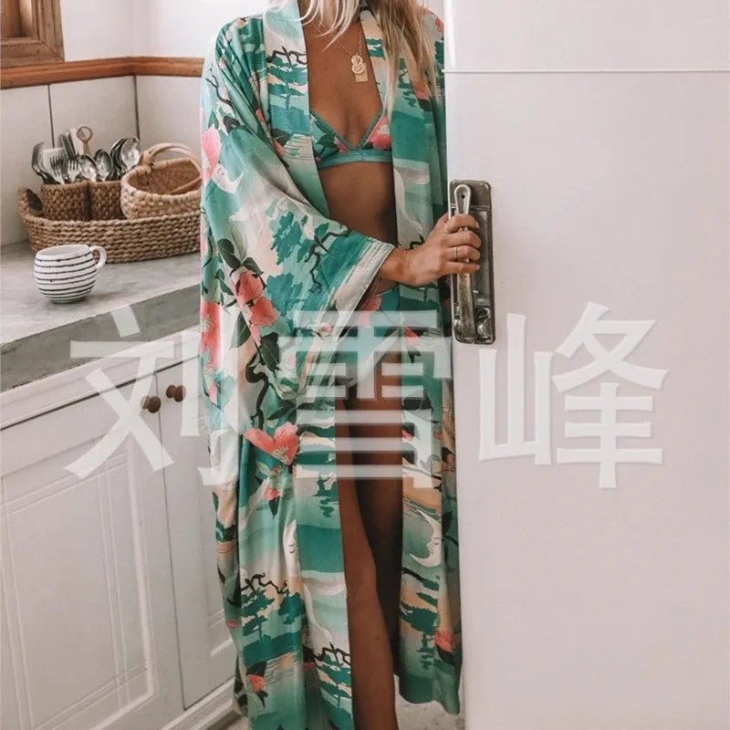 SUSOLA-cárdigan largo con estampado Floral para mujer, traje de baño bohemio con mangas acampanadas, fajas para playa, traje de baño para vacaciones, salida de talla grande