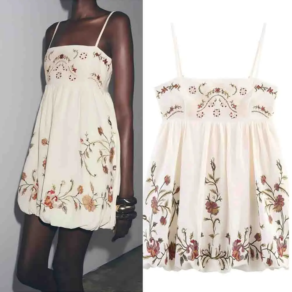 

Women's New fashion floral embroidery decorative suspender mini dress retro sleeveless backless women's dress