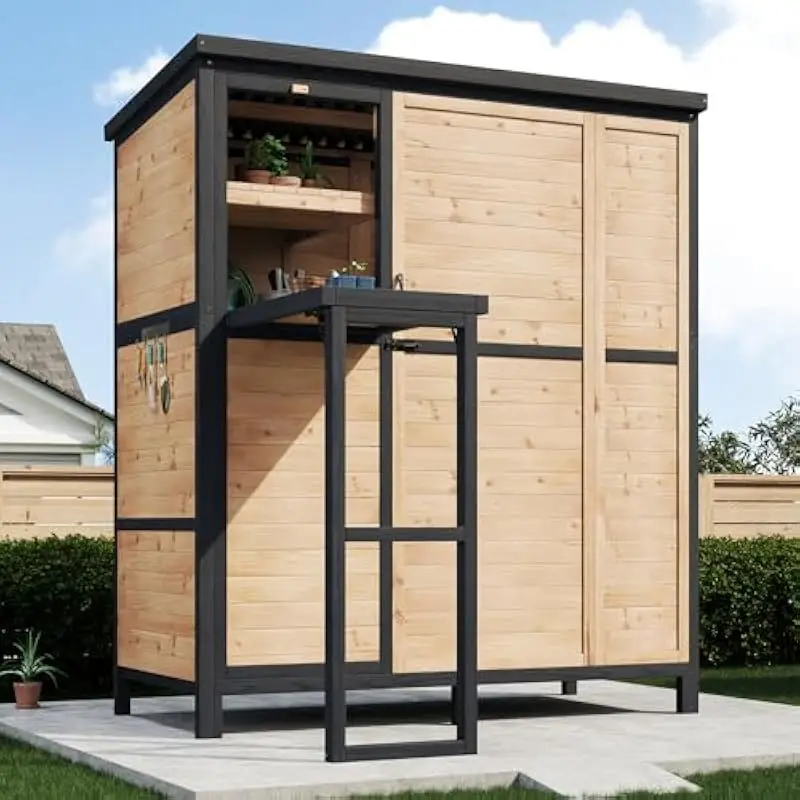 Sturdy Fir Wood Outdoor Storage Shed with Sloped PVC Roof • Foldable Side Workstation • Adjustable Shelving • Raised Slatted Bas