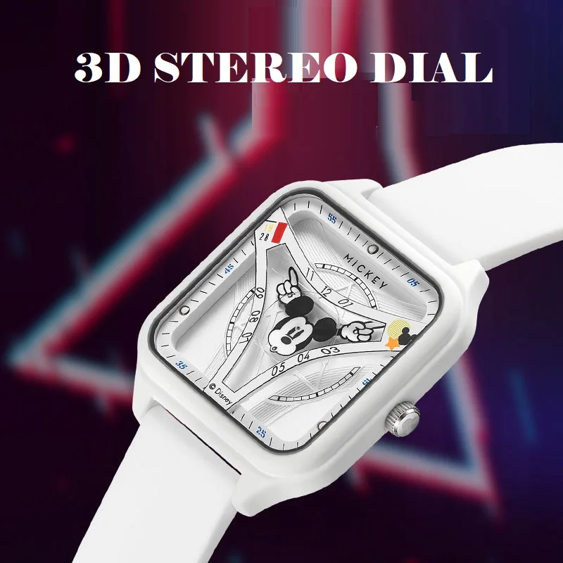 Disney Mickey Mouse Men Woman Fashion Quartz Wristwatch Unisex 3D Cartoon Rectangle Dial Silicone Strap Luminous Hands Boy Girl