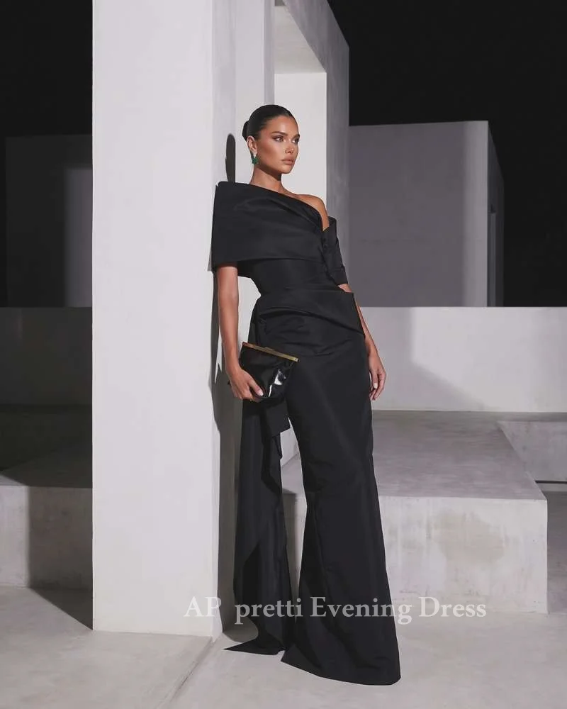 AP pretti Customized 2026 Black Satin One Shoulder Evening Dress Draped Ruched Mermaid Formal Gown Asymmetrical Neck Prom Dress