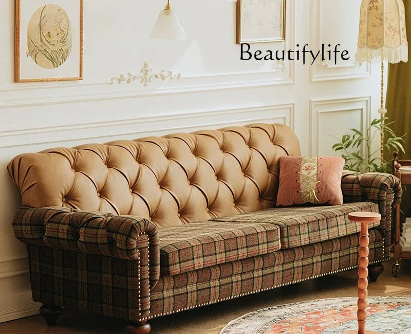 Tt Fabric Sofa Small Apartment French Living Room Retro British Ecological Leather Sofa Double Light Luxury