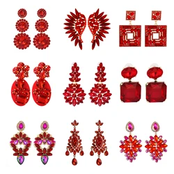 Statement Earrings Elegant Red Crystal Series Rhinestone Dangle Earrings for Women High Quality Wedding Party Jewelry 2024 Trend