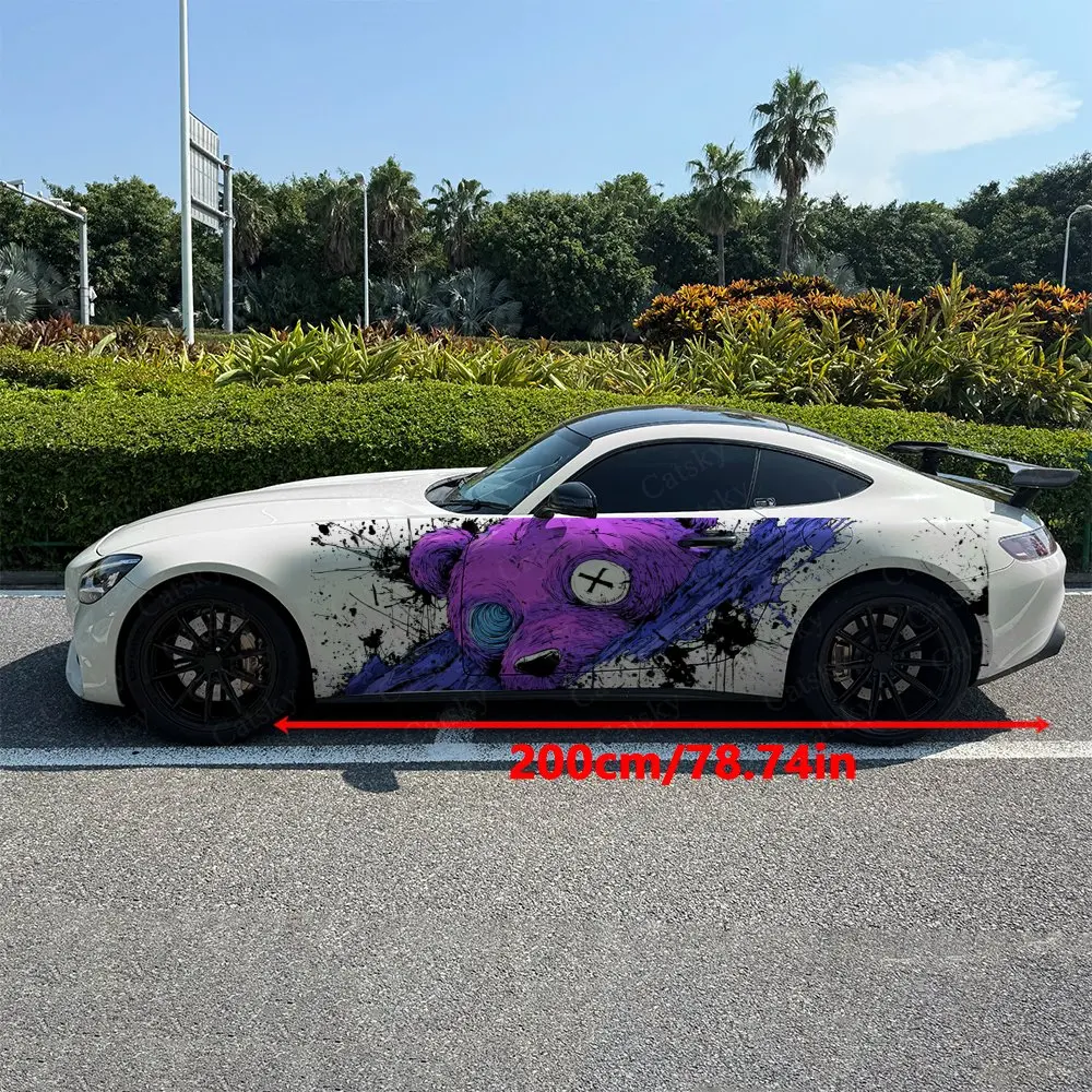 2pcs Splatter Ink Purple Bear Car Side Wraps, Self-Adhesive PVC Waterproof & Scratch-Resistant Stickers, Car Accessory Gift