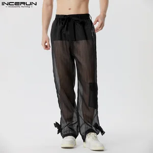 INCERUN Men Pants Mesh Transparent Lace Up Joggers Sexy Striped Casual Trousers Men Streetwear Loose Fashion Long Pants S-5XL