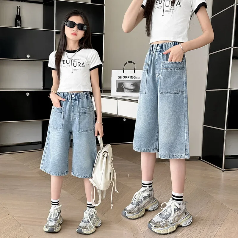 

Jeans Teens Children Straight Fit Mid-Calf Denim Pants Summer Kids Fashion Denim Shorts With Pocket For Girl Knee Length Capris