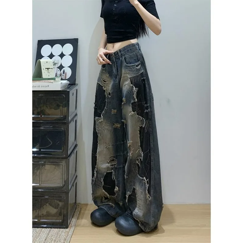 American Design Style Patchwork Jeans for Women's Autumn and Winter New Loose Slimming and Versatile Straight-leg Wide-leg Pants