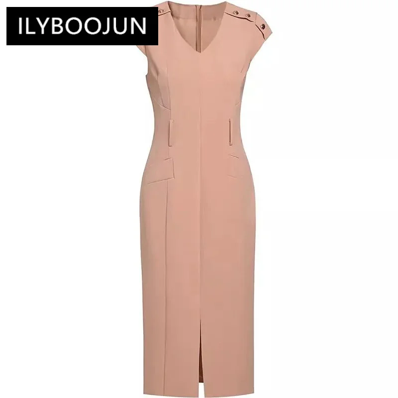 

ILYBOOJUN Fashion Designer Summer Woman's V-Neck Garment Sleeve Sashes Dress High Street Rose Red+Khaki Temperament Dresses