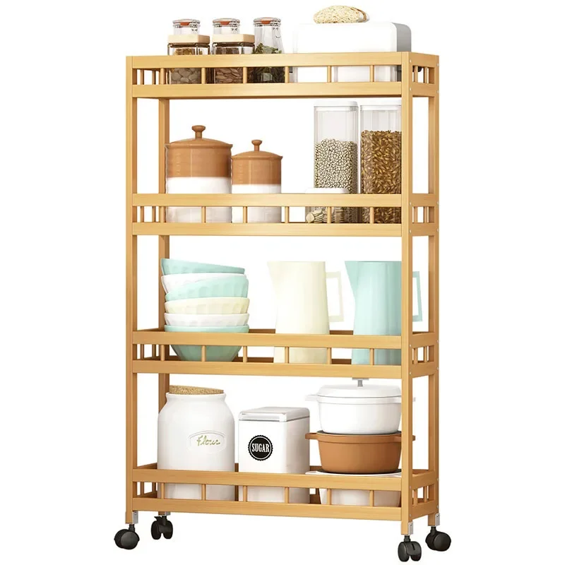 Multi-tier Bamboo Storage Shelf-Narrow Kitchen Rack with Wheels Floor Standing Bathroom Organizer Storage Rack