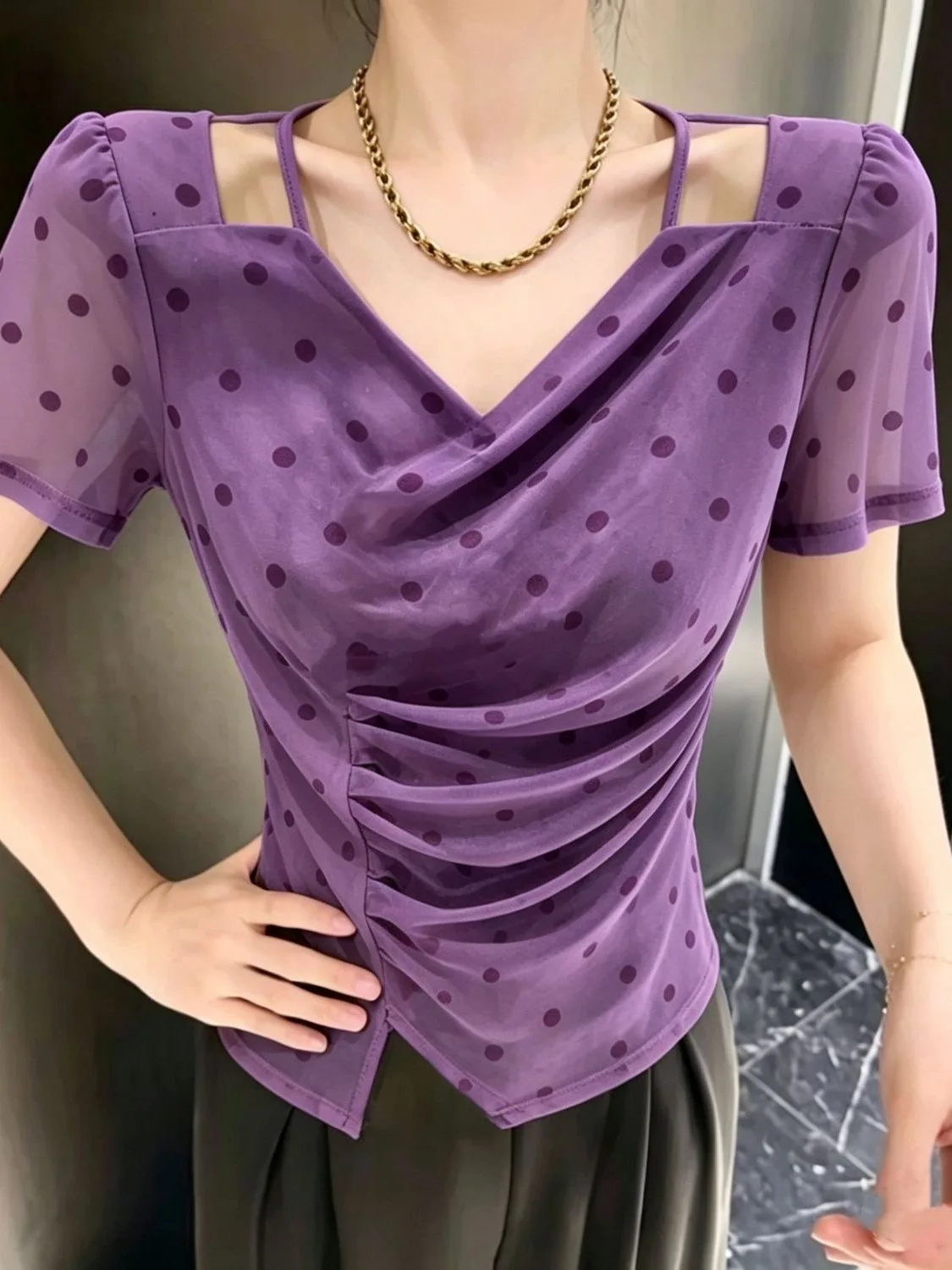 Elegant Purple Polka Dot Women's T-Shirt Square Collar Gathered Waist Design Mesh Short Sleeve Top Commute Style Korean Version