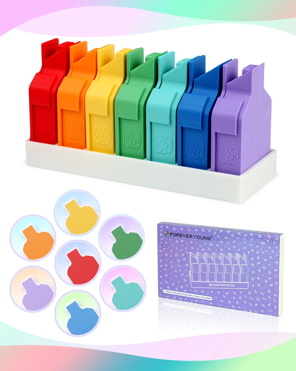 Foreveryoung Bandejas para bebés con pintura de diamantes, mini bandejas de arcoíris de 7 piezas con base de almacenamiento para arte de diamantes, decoración linda y dije de bolsa