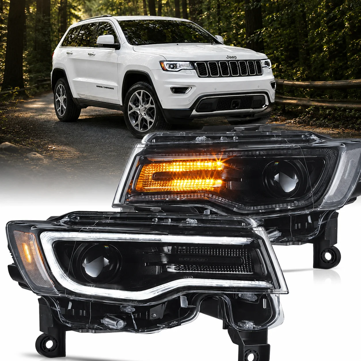 2 Stück Voll-LED-Scheinwerfer-Set für Jeep Grand Cherokee WK2 2014-2022 Facelift DRL Start-Animation Sequenzieller Blinker LHD Plug-and-Play Frontscheinwerfer