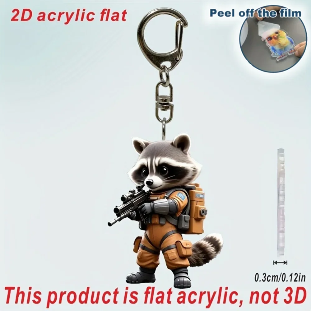 2D Cute Raccoon Soldier Keychain Cartoon Animal Themed Pendant Flat Acrylic Hanging Charm for Backpacks Bags Festive Gifts Decor