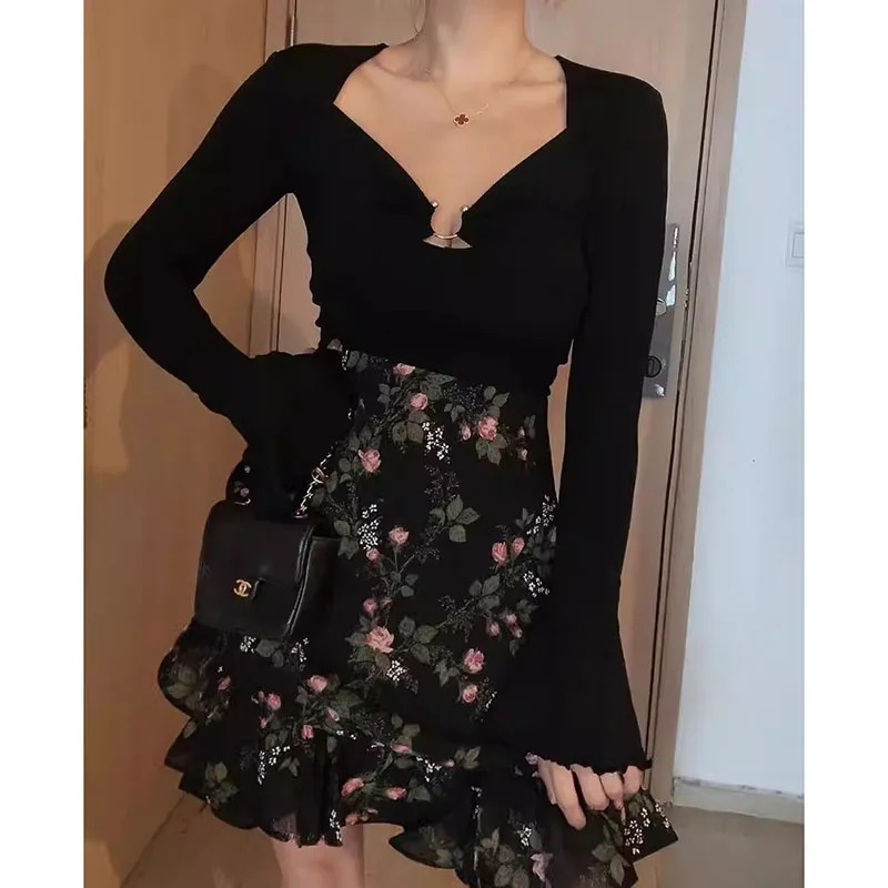 Französischer Vintage-Blumenrock mit Rüschen und Hoher Taille, Neuer Frühlings- und Sommer-Schlankheits-A-Linien-Fishtail-Minirock für Damen – Detail 7