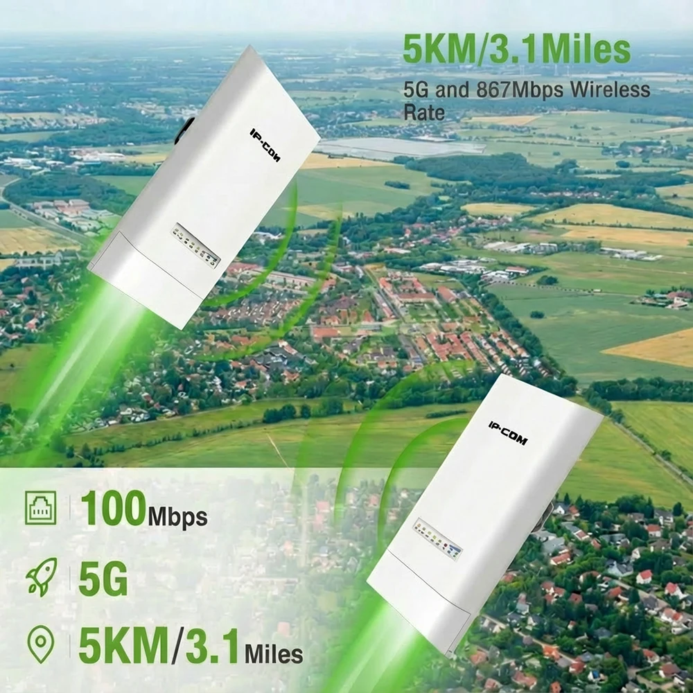 2 Pcs Wireless Bridge Point to Point Outdoor CPE 5KM 5.8G Long Range Wi-Fi Bridge for Extend Network to Surveillance Range