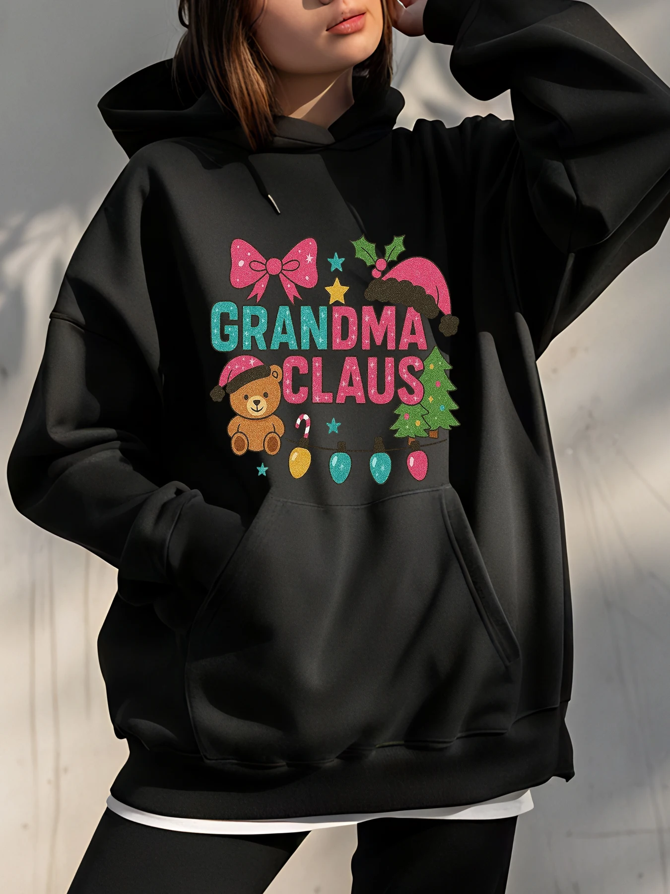 Moletom com capuz de Natal da Vovó Claus feminino com estampa festiva, presente de feriado para mulheres e meninas