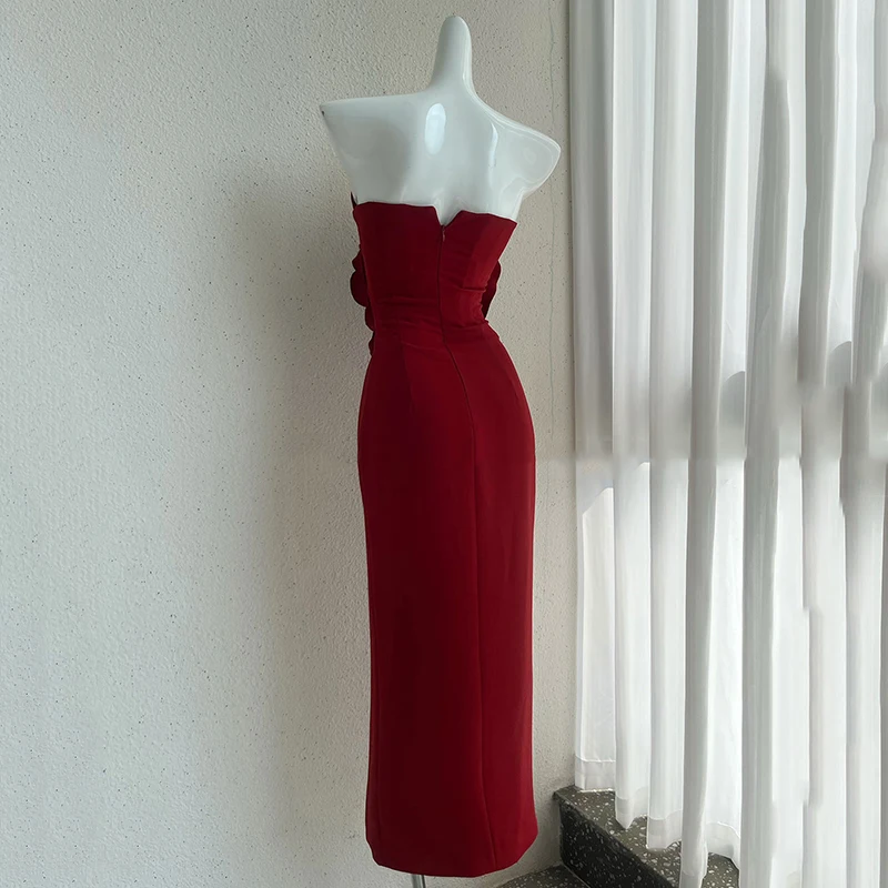 Flores dimensionais vestidos sem alças primavera feminino zíper lateral sem mangas vestido elegante verão cintura alta vestido de embrulho no peito