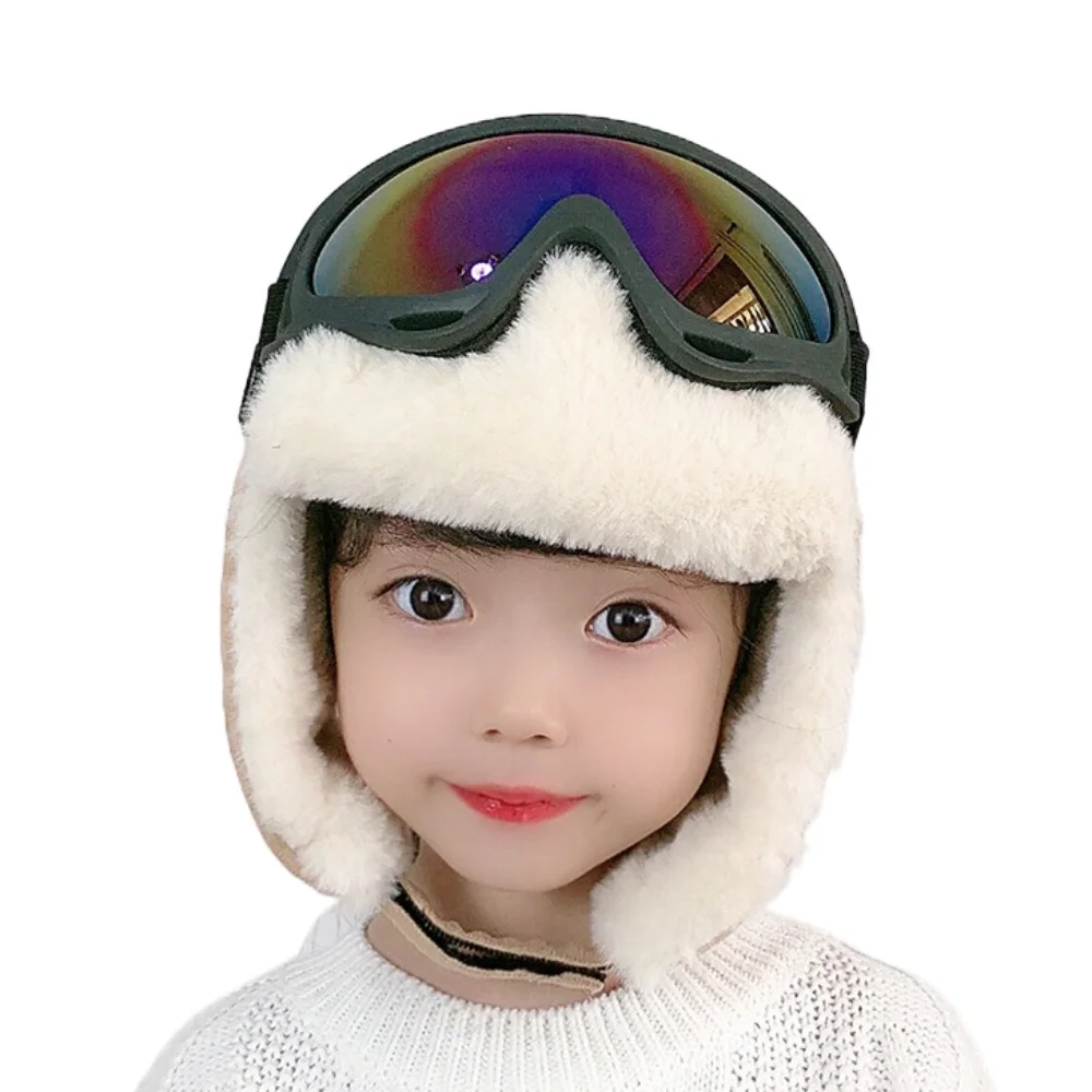 

Cartoon Warm Ski Cap with Glasses Cute Goggles Pilot Hat Soft Windproof Bear Ears Hat Outdoor