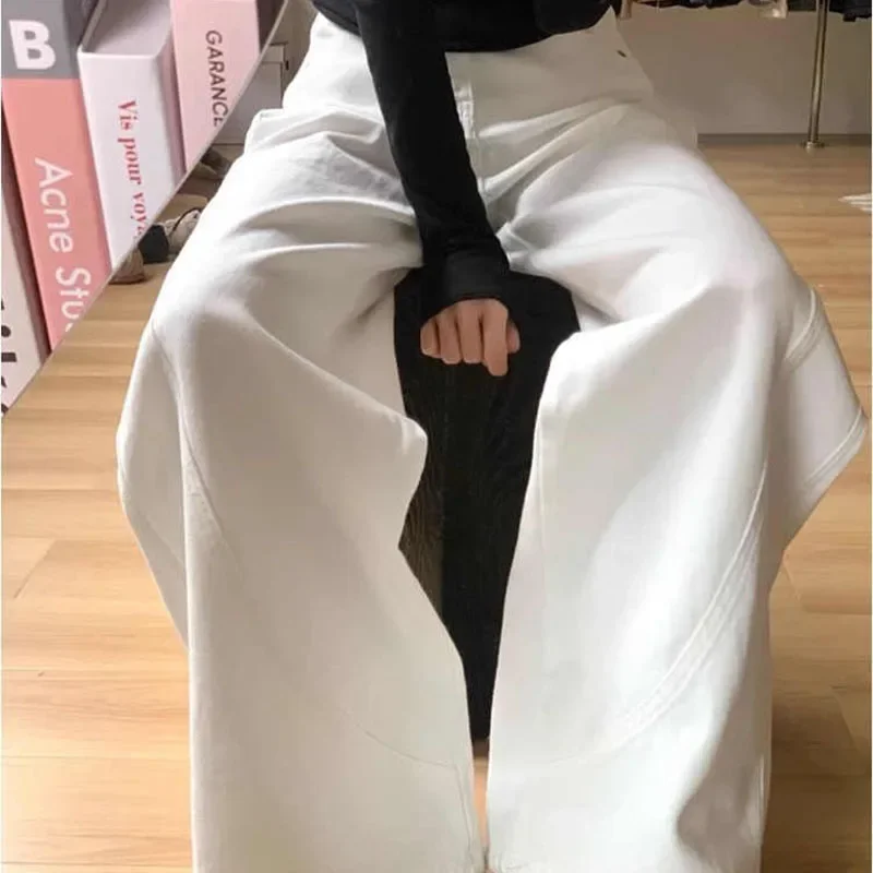 White Wide Leg Denim Pants Women Spring Summer High Waist Loose Straight Trousers High Street Casual Lady Jeans