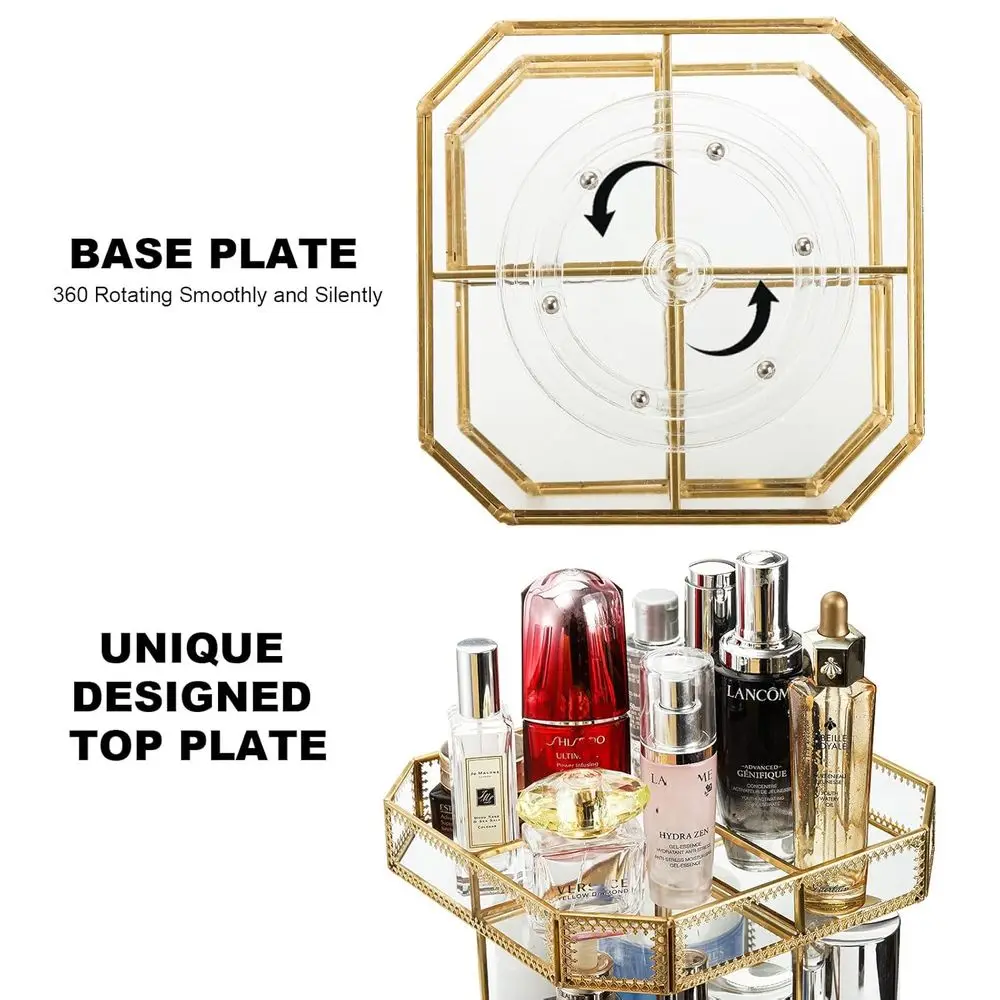 كبير 360 °   منظم مكياج زجاجي دوار مع لمسات ذهبية لعرض مستحضرات التجميل والفرش والعطور