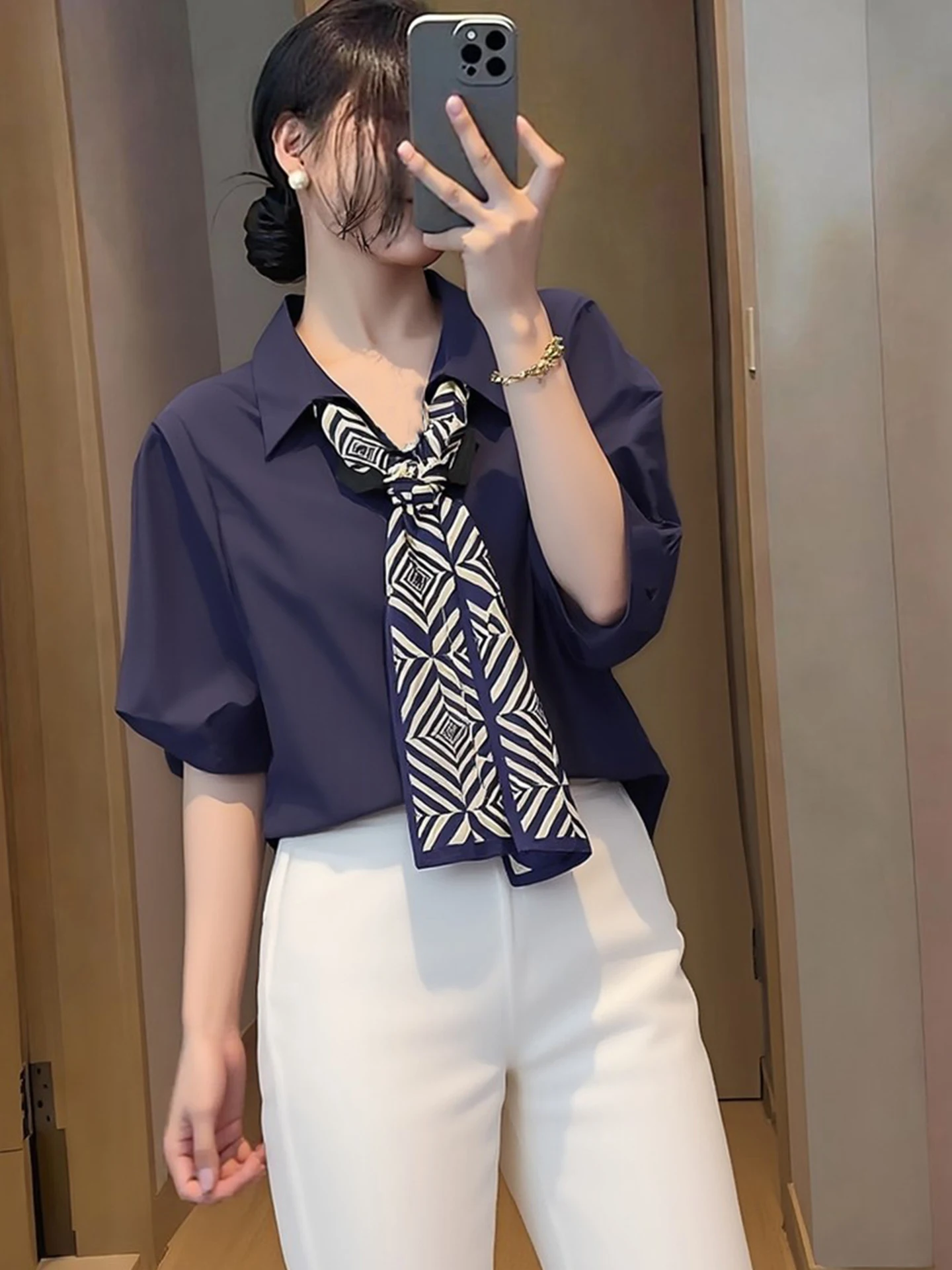 

Fashionable Short Sleeve Commute Shirt Elegant Light Maturity Style Korean Version Loose Fit Spring Season Women's Shirt