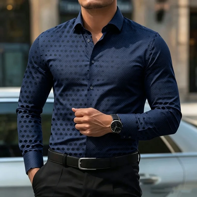 Men's Printed Long-Sleeve Shirt Fashion Slim-Fit Button Casual Top Ensemble Homme Ropa Hombres Conjuntos
