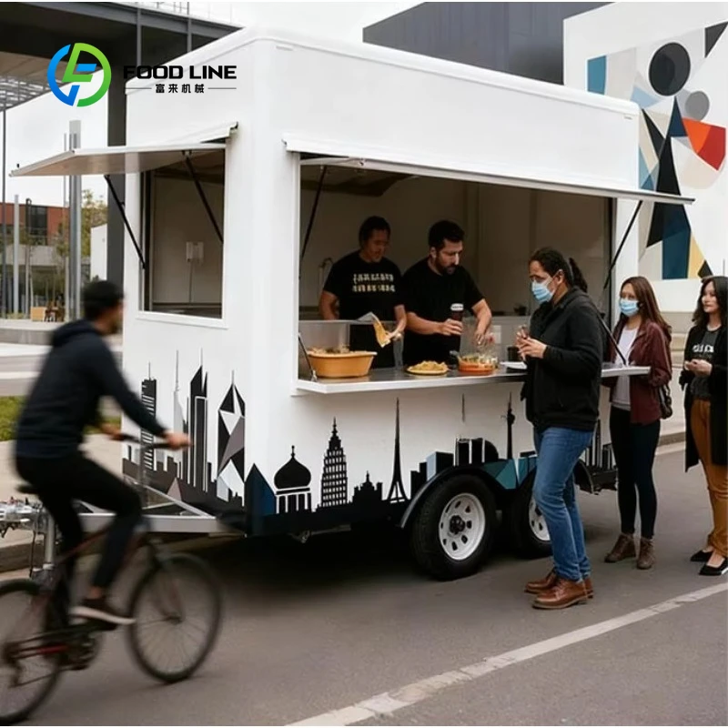 Customized White Square Shape Food Trailers and Food Trucks Street Food French Fries Pizza With Commercial Kitchen Equipments