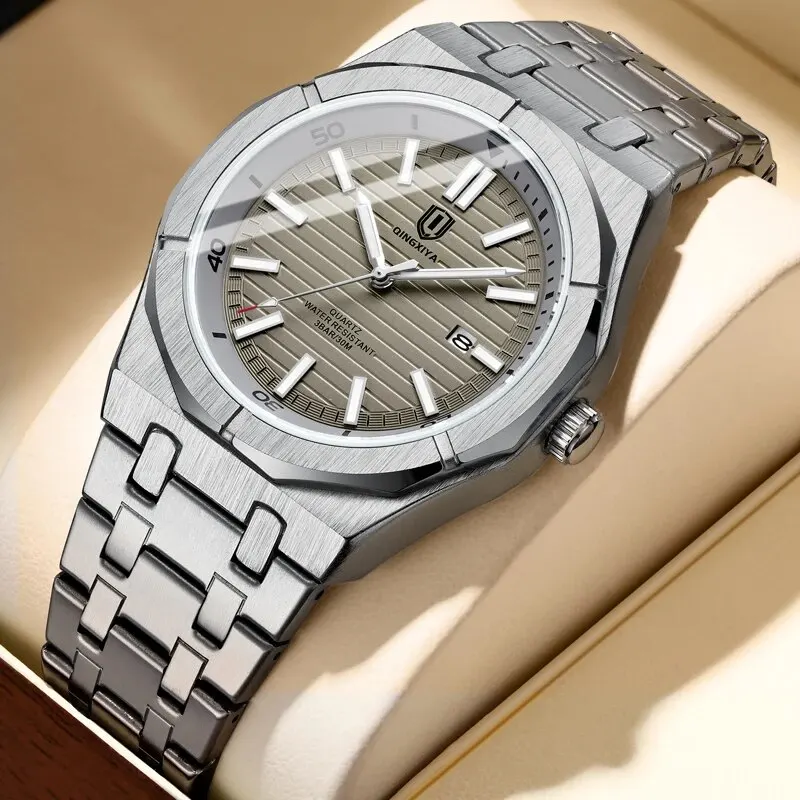 QINGXIYA Brand New Fashion Grey Dial Quartz Watch for Men Luxury Stainless Steel Waterproof Luminous Calendar Mens Watches