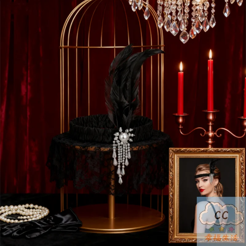 إكسسوار شعر على الطراز العتيق، عصابة رأس للحفلات مطرزة باللون الأسود مستوحاة من عشرينيات القرن العشرين، غطاء رأس آرت ديكو للحفلات والمناسبات ذات الطابع القديم #1