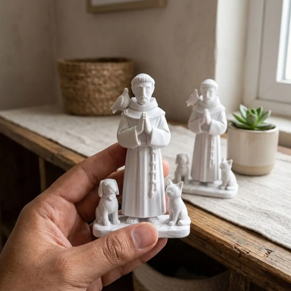 3D Printed Saint Francis Statue Animal Companion Praying Hand Pose St Francis Sculpture Plastic Sacred