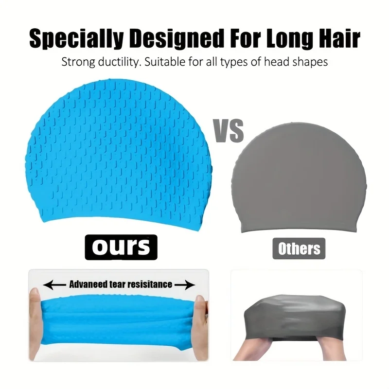 1 Stück Modische Badekappe für langes lockiges Haar, wasserdichtes Silikon mit Tropfenmuster, Unisex für Pool und Strand – Detail 2