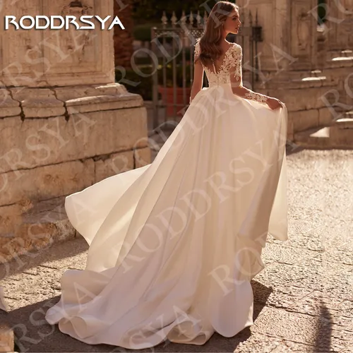 Imagen 2 del producto RODDRSYA-vestido de novia de manga larga con cuello en V traje de encaje exquisito de satén de línea A abertura alta personalizado 2025 Vestido de novia de cuello V de manga larga con exquisito encaje de satén en form