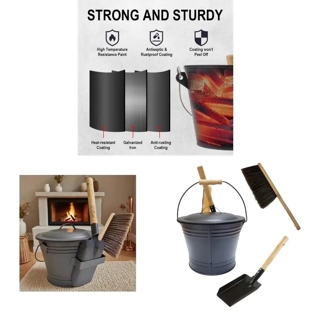 حاوية دلو رماد مقاومة للحريق مع مجرفة وفرشاة مقاومة للحرارة