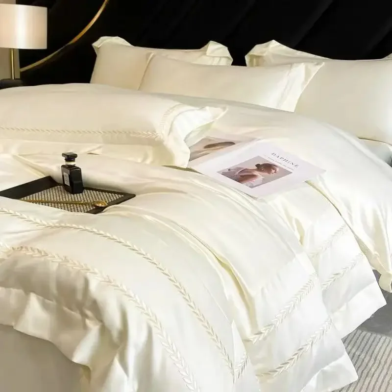 

2025 Luxury Tencel Bedding Set - 4PC Solid Embroidery Duvet Cover & Pillowcases (Queen/King Size, Includes Sheet)