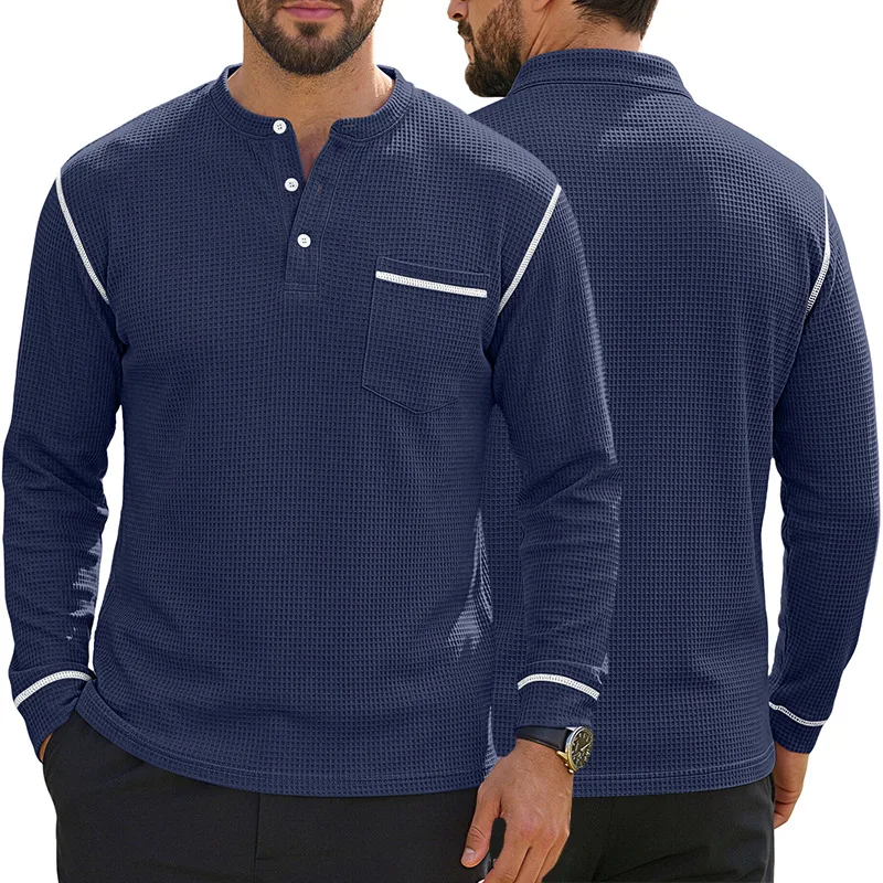 2026 Spring/Autumn New Men's Waffle Breathable Casual Henley Collar Long Sleeve T-shirt Outdoor Sports Comfortable Loose Top