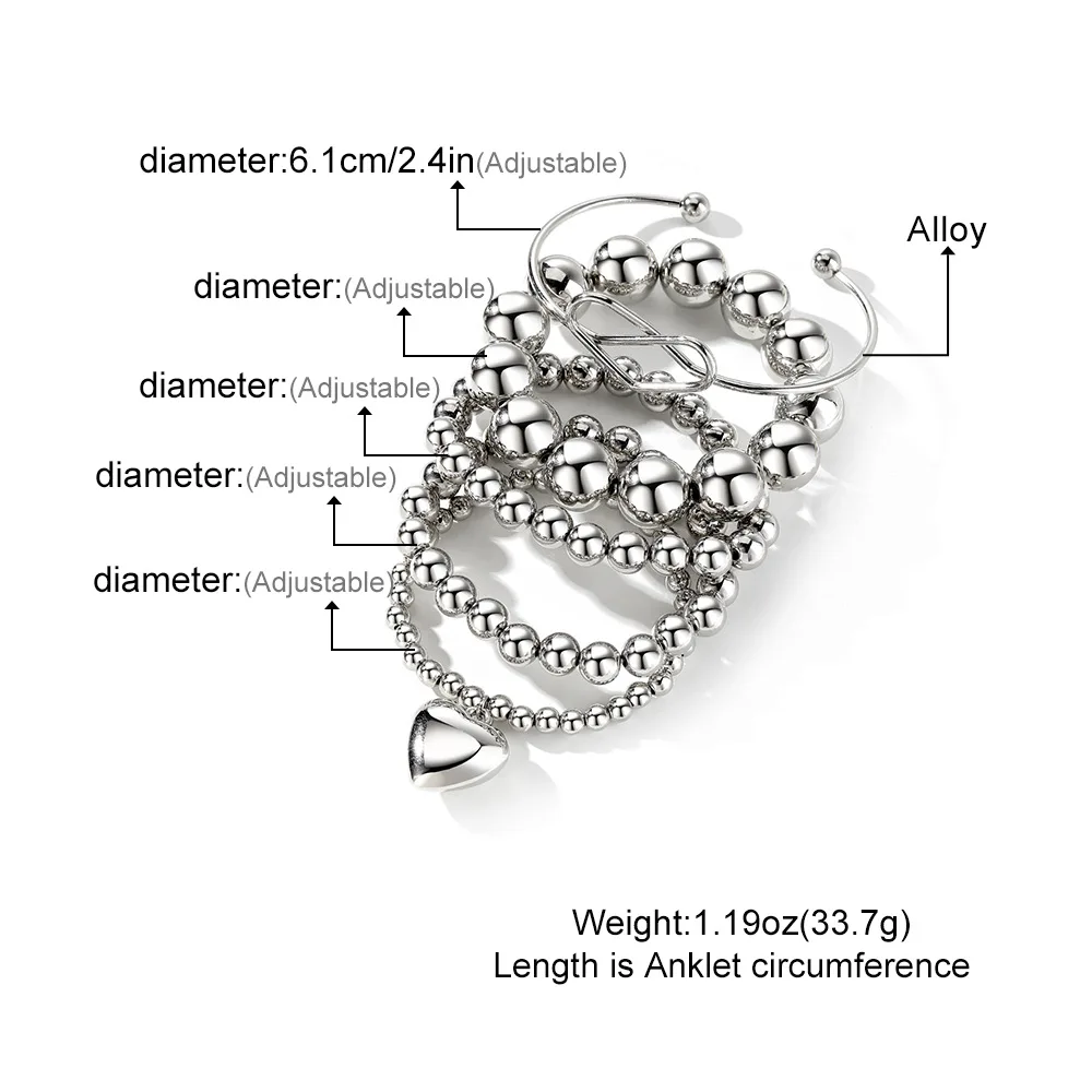 5Pcs/Set Silver Plated Alloy Elegant Hollow Love Heart Multi-Layer Stacking Bracelet For Women Jewelry Anniversary Gift