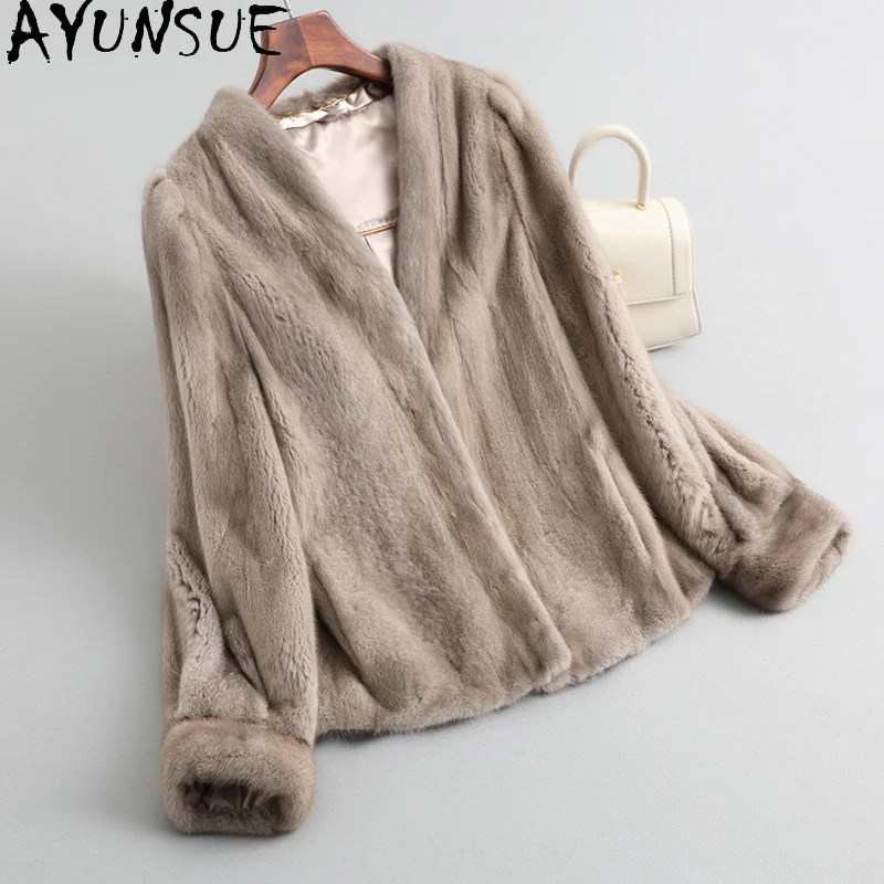 

AYUNSUE Natural Mink Fur Jacket Woman Fashion V-Neck 2025 Winter Whole Mink Jacket for Woman Clothes High Quality Abrigo Mujer