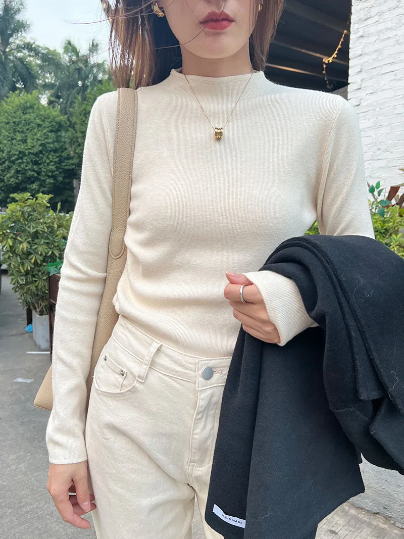 Bacis Sweater Women\'s Mock Neck Pullover Sweater Knitted 2023 Autumn Winter New Solid Color Outer Wear All-Match Bottom Top