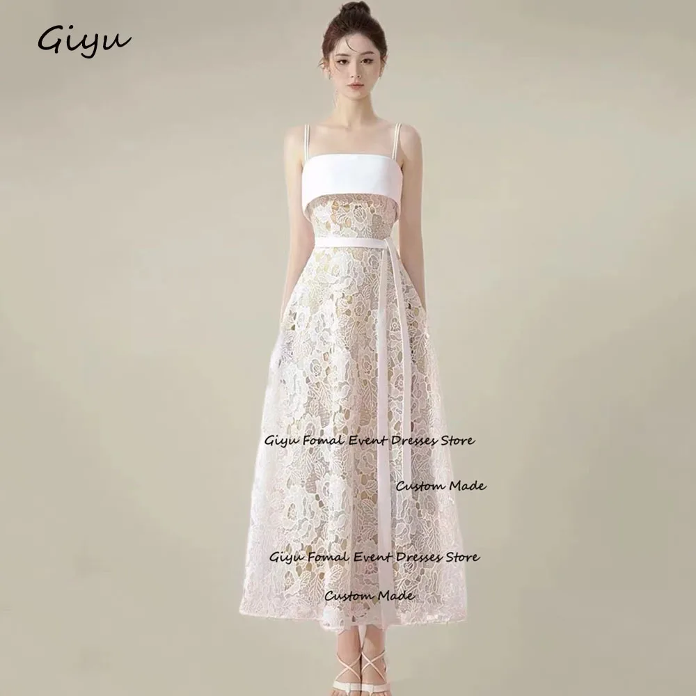 Giyu Modern Style Lace Followers Wedding Dress For Woman Spaghetti Strap Tea-length Vestidos Novias Boda Birthday Party Dress