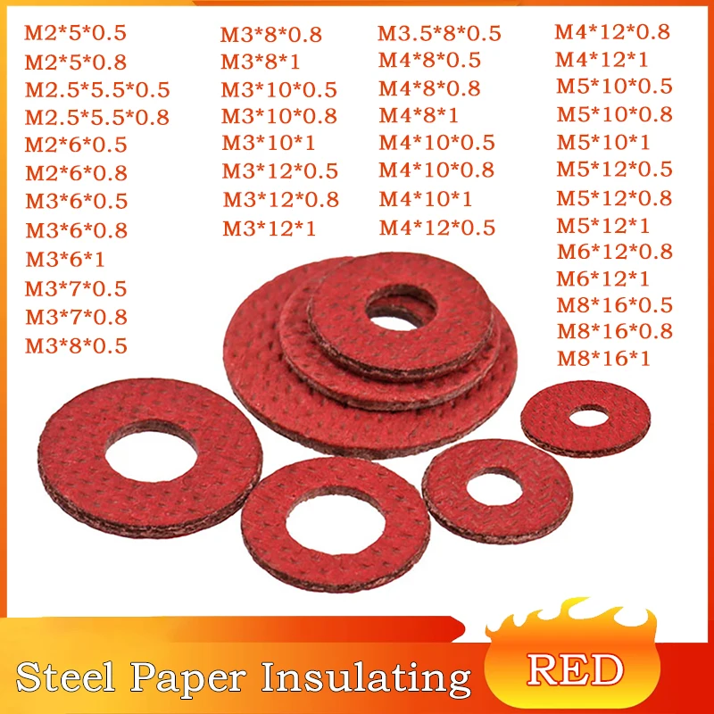 

100/500Pcs M2.5 M3 M4 M5 M6 M8 Red Steel Paper Fiber Insulating Flat Washer Insulation Plain Gasket Ring Meson